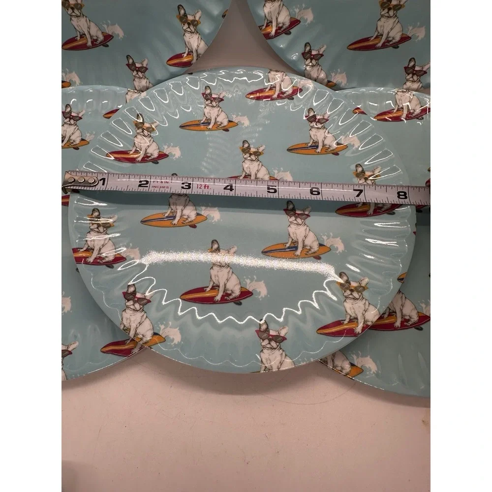 Alex & Zoë French Bulldog Surfing Melamine Dinnerware 17 Pc Plates Bowls Set